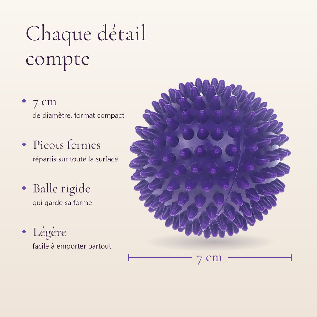 Caractéristiques de la balle à picots : 7 cm, picots fermes, balle rigide, légère
