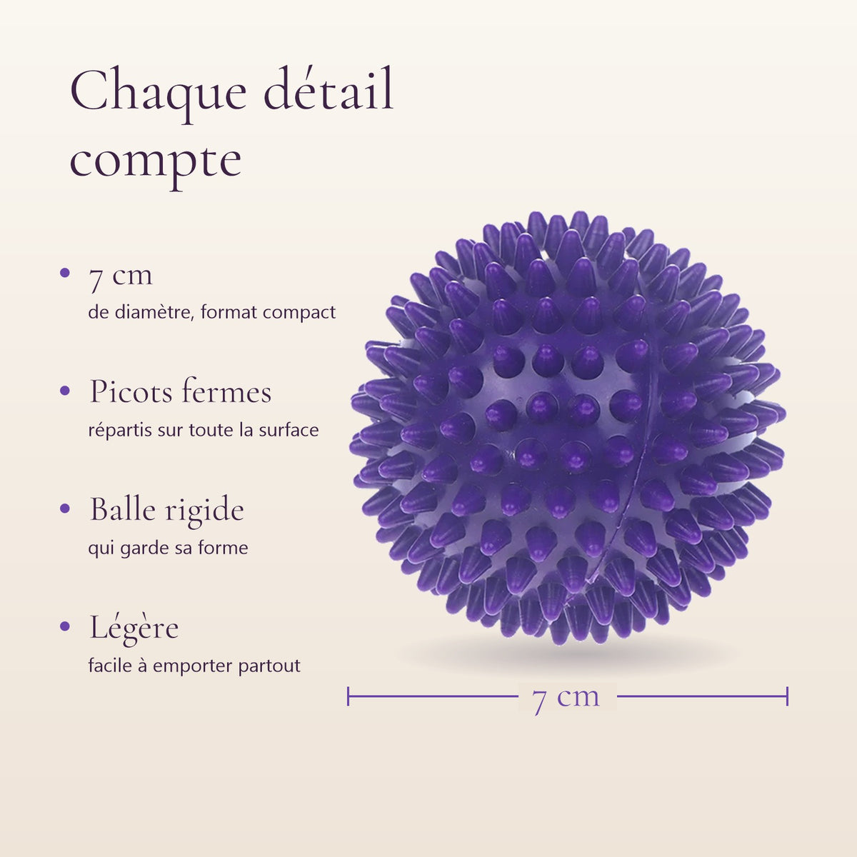 Caractéristiques de la balle à picots : 7 cm, picots fermes, balle rigide, légère