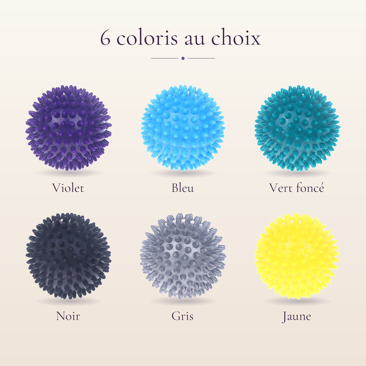 Les 6 coloris de la balle à picots : violet, bleu, vert foncé, noir, gris et jaune