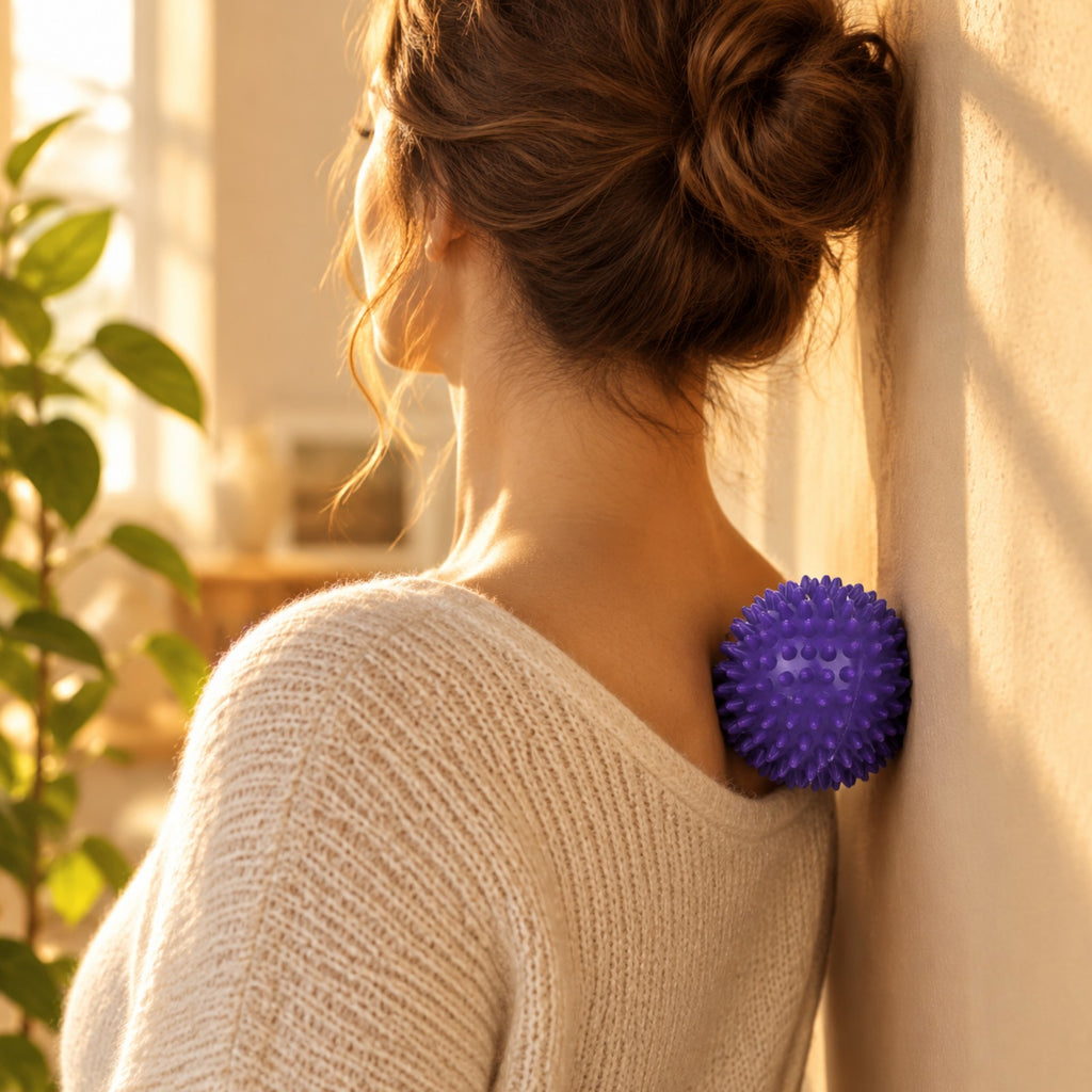 Balle à picots violette placée entre l'épaule et un mur