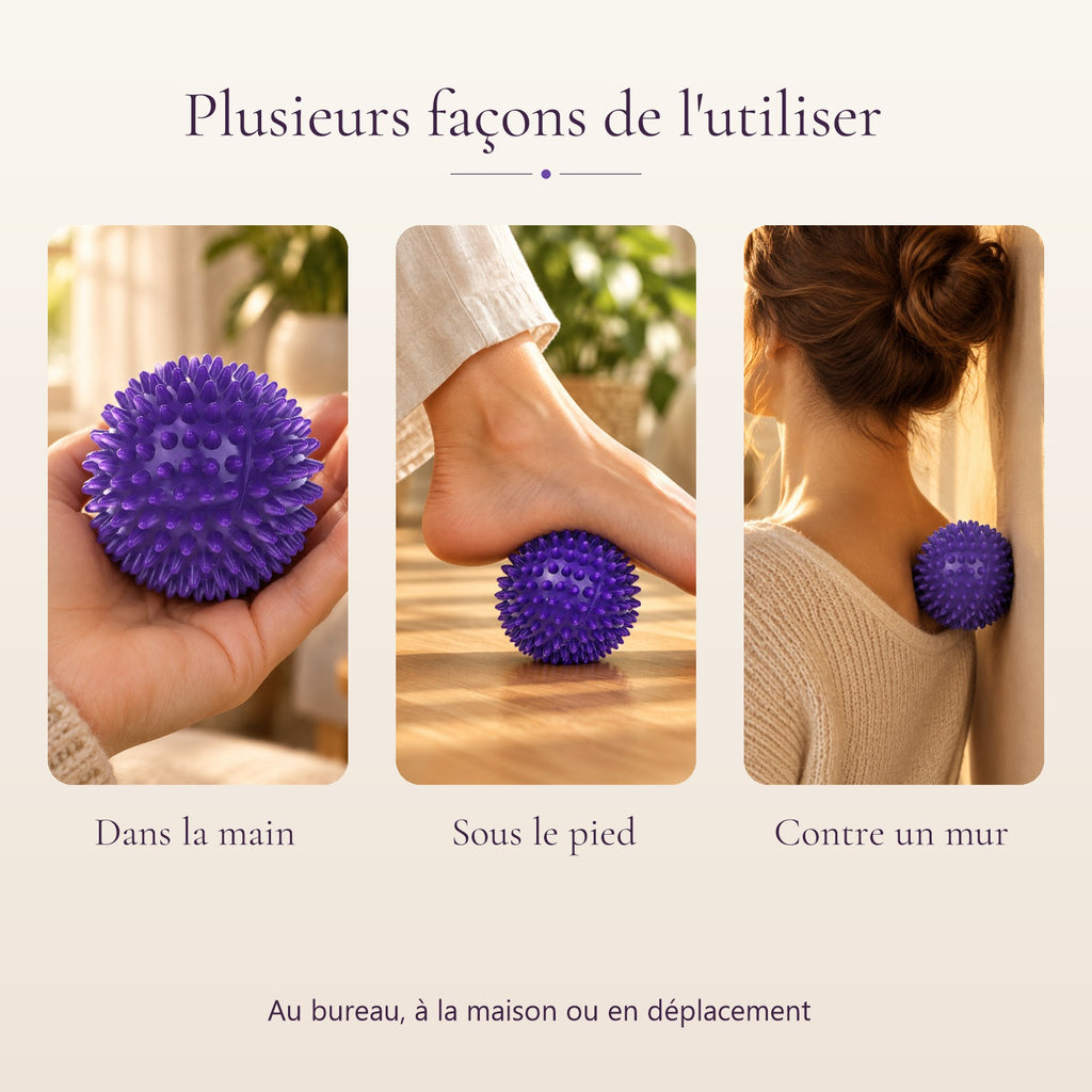 Trois façons d'utiliser la balle à picots : dans la main, sous le pied, contre un mur