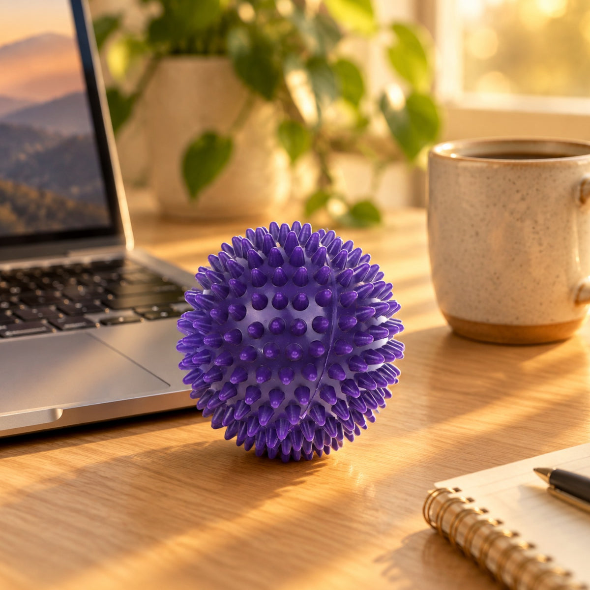 Balle à picots violette sur un bureau, à côté d'un ordinateur et d'une tasse Image