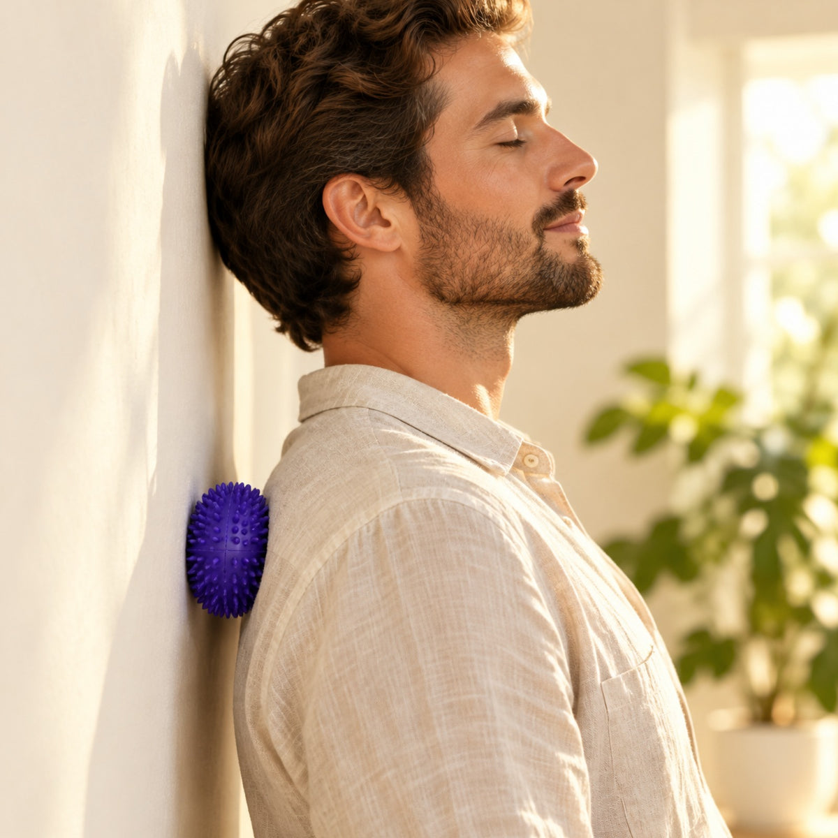 Homme utilisant la balle à picots entre son dos et un mur Image